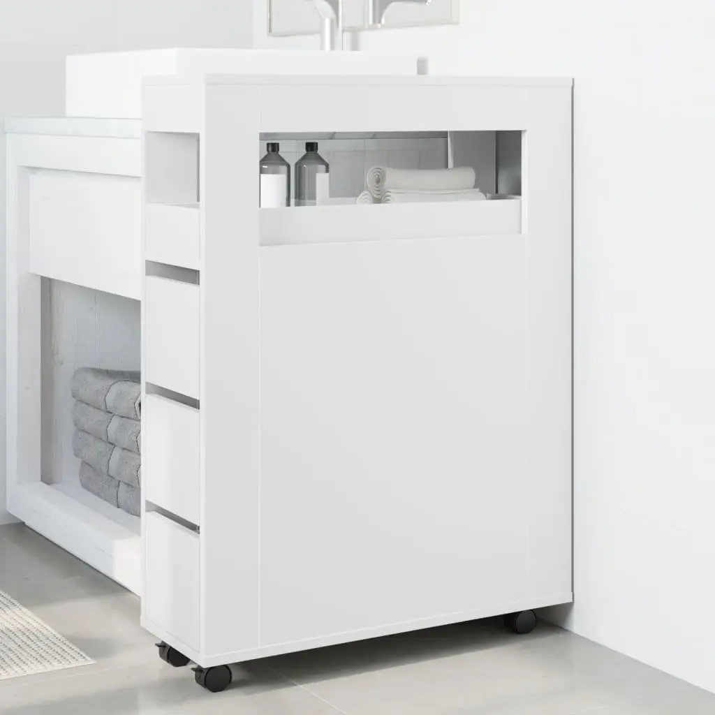 Narrow Bathroom Storage Cabinet Organiser White Engineered Wood with Wheels