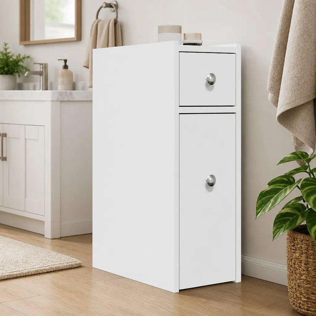 Narrow Bathroom Storage Cabinet on Wheels Engineered Wood Tall Cupboard White