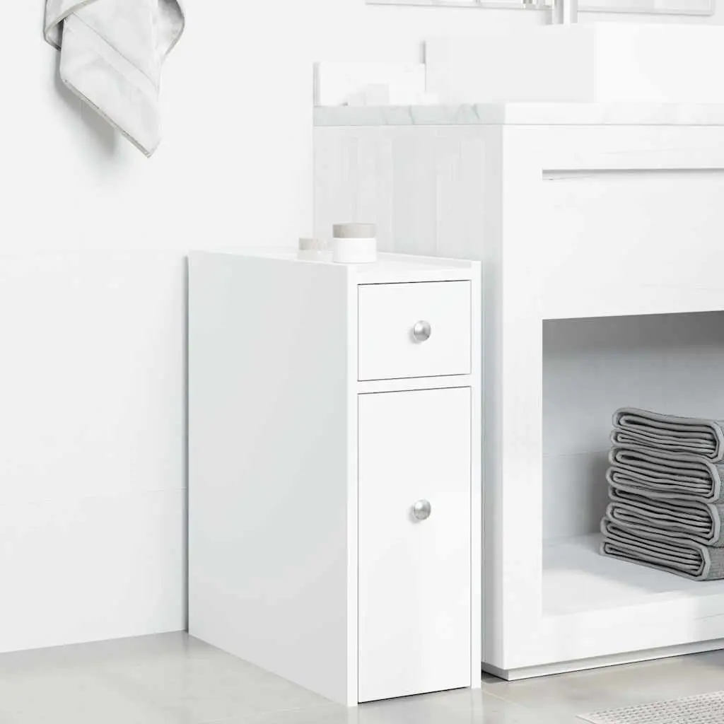Narrow Bathroom Storage Cabinet on Wheels Engineered Wood Tall Cupboard White