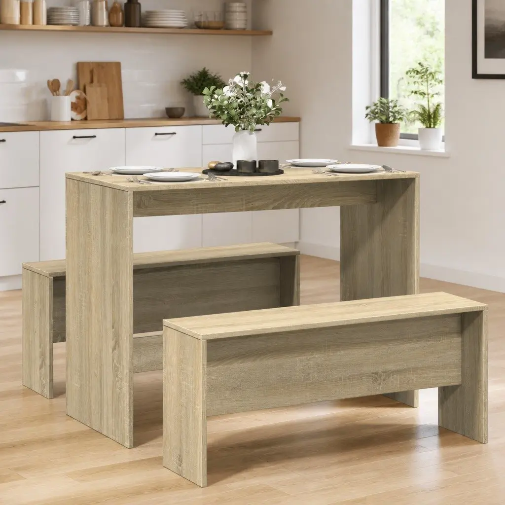 Dining Table and Bench Set 3 Piece Kitchen Furniture Engineered Wood Brown