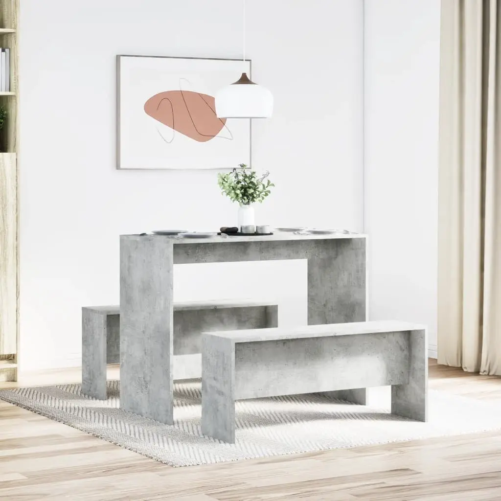 3 Piece Dining Table Bench Set Grey Kitchen Furniture Engineered Wood Seats
