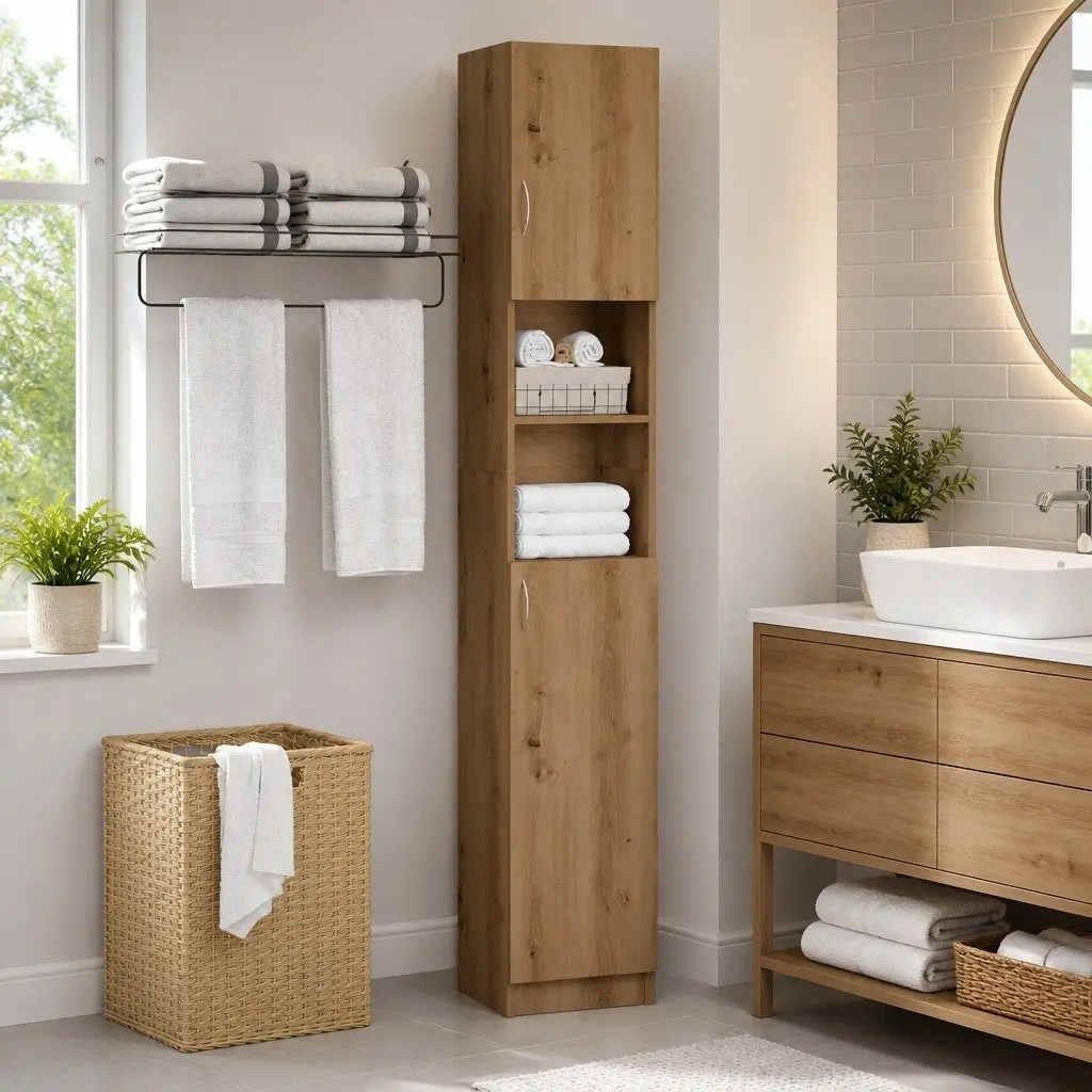 Bathroom Cabinet Brown Engineered Wood Storage Organiser Tall Cupboard Furniture