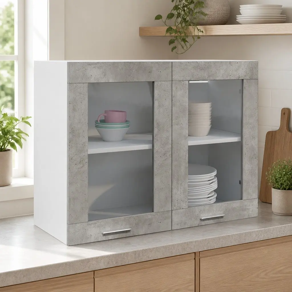 Hanging Glass Cabinet Kitchen Storage Wall-Mounted Grey 80 x 31 x 60 cm