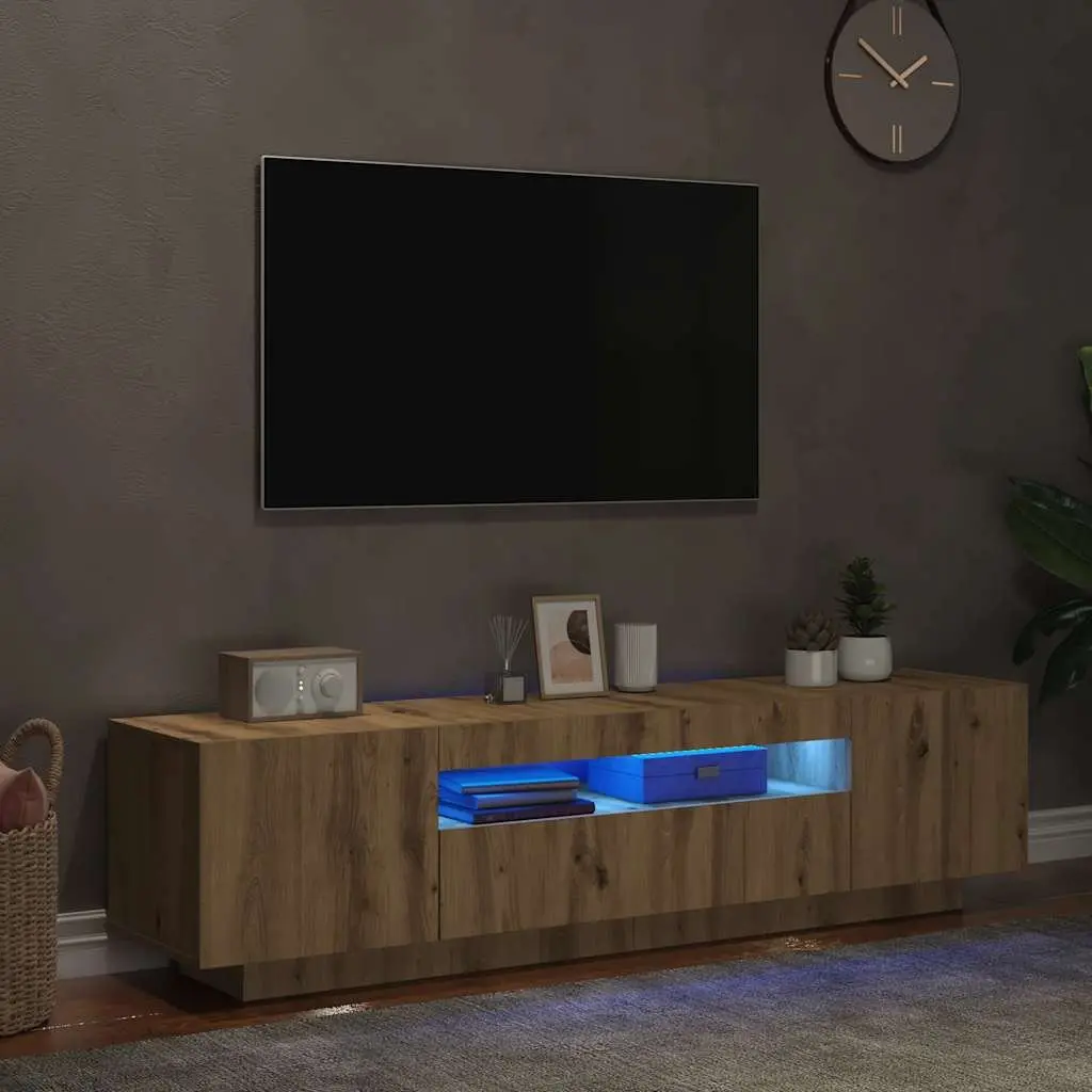 TV Cabinet with RGB LED Lights Brown Engineered Wood Floating Stand Storage Unit