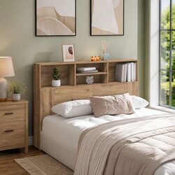 Headboard Cabinet Brown Engineered Wood Bedroom Storage Bookcase Wall Mount
