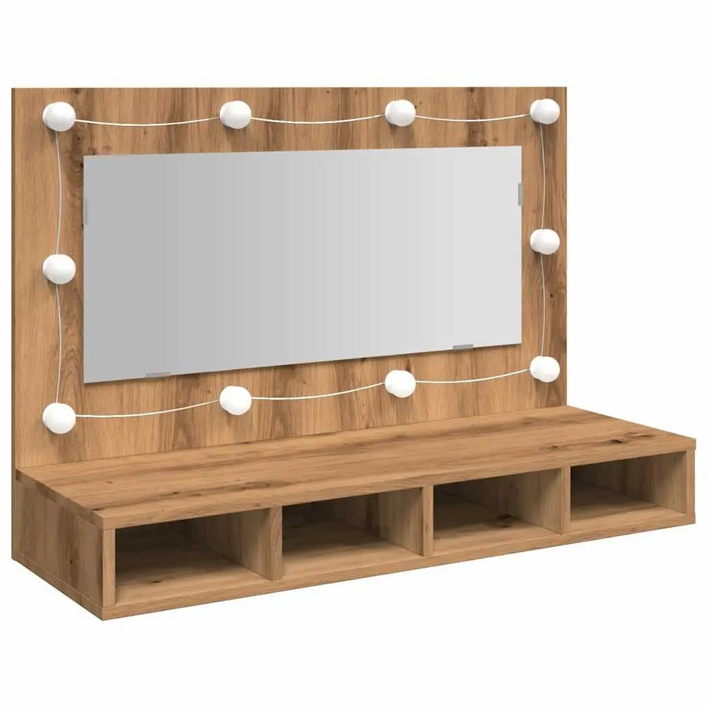 Bathroom Mirror Cabinet LED Brown Engineered Wood Wall Mounted Vanity Storage 90 x 31.5 x 62 cm