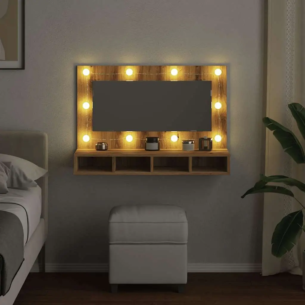 Bathroom Mirror Cabinet LED Brown Engineered Wood Wall Mounted Vanity Storage 90 x 31.5 x 62 cm