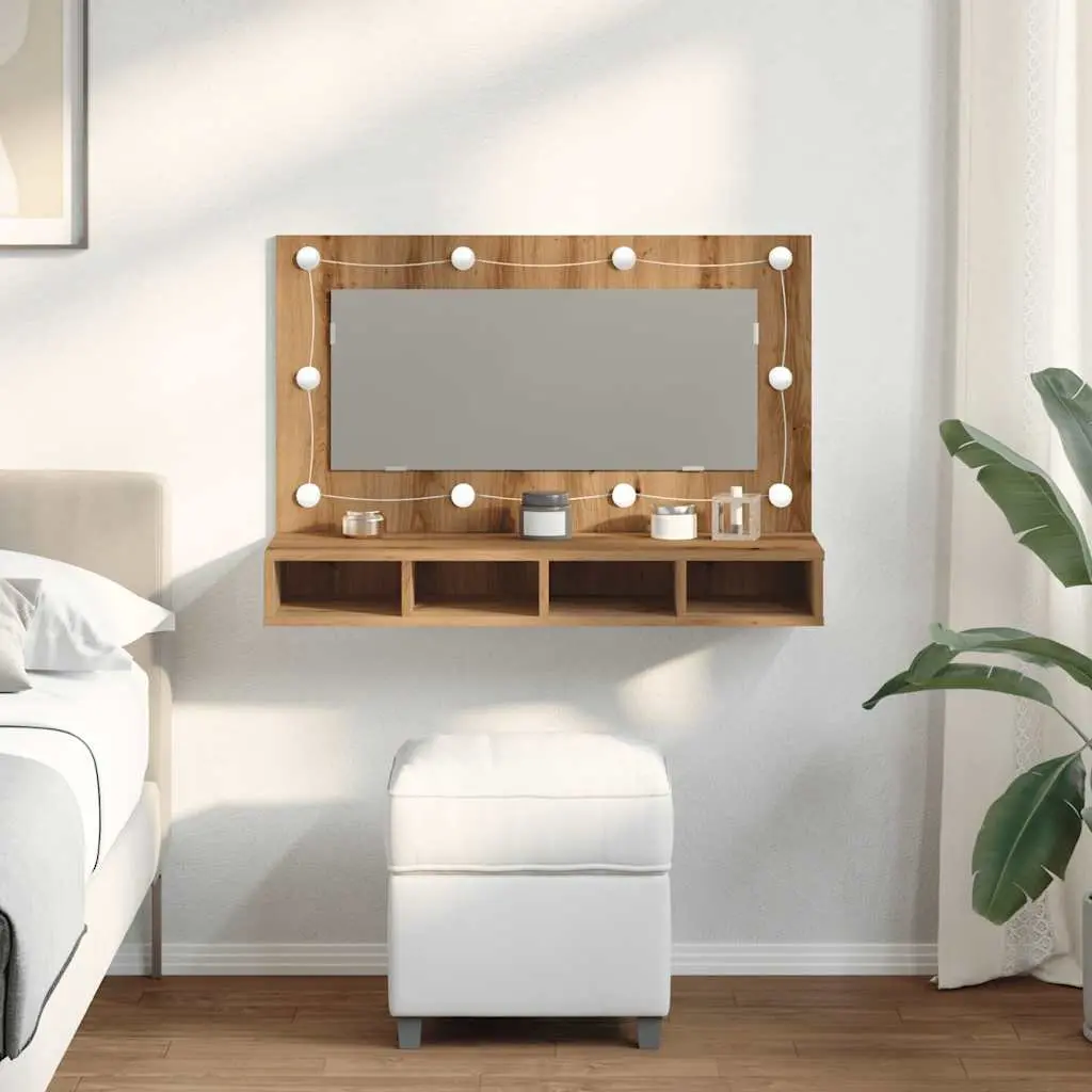 Bathroom Mirror Cabinet LED Brown Engineered Wood Wall Mounted Vanity Storage 90 x 31.5 x 62 cm