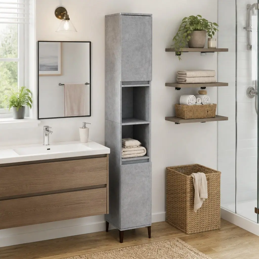 Bathroom Cabinet Concrete Grey 30x30x190cm Tall Storage Unit 4 Doors 2 Shelves