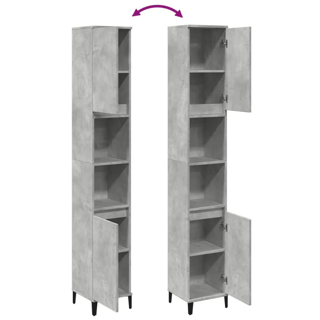 Bathroom Cabinet Concrete Grey 30x30x190cm Tall Storage Unit 4 Doors 2 Shelves