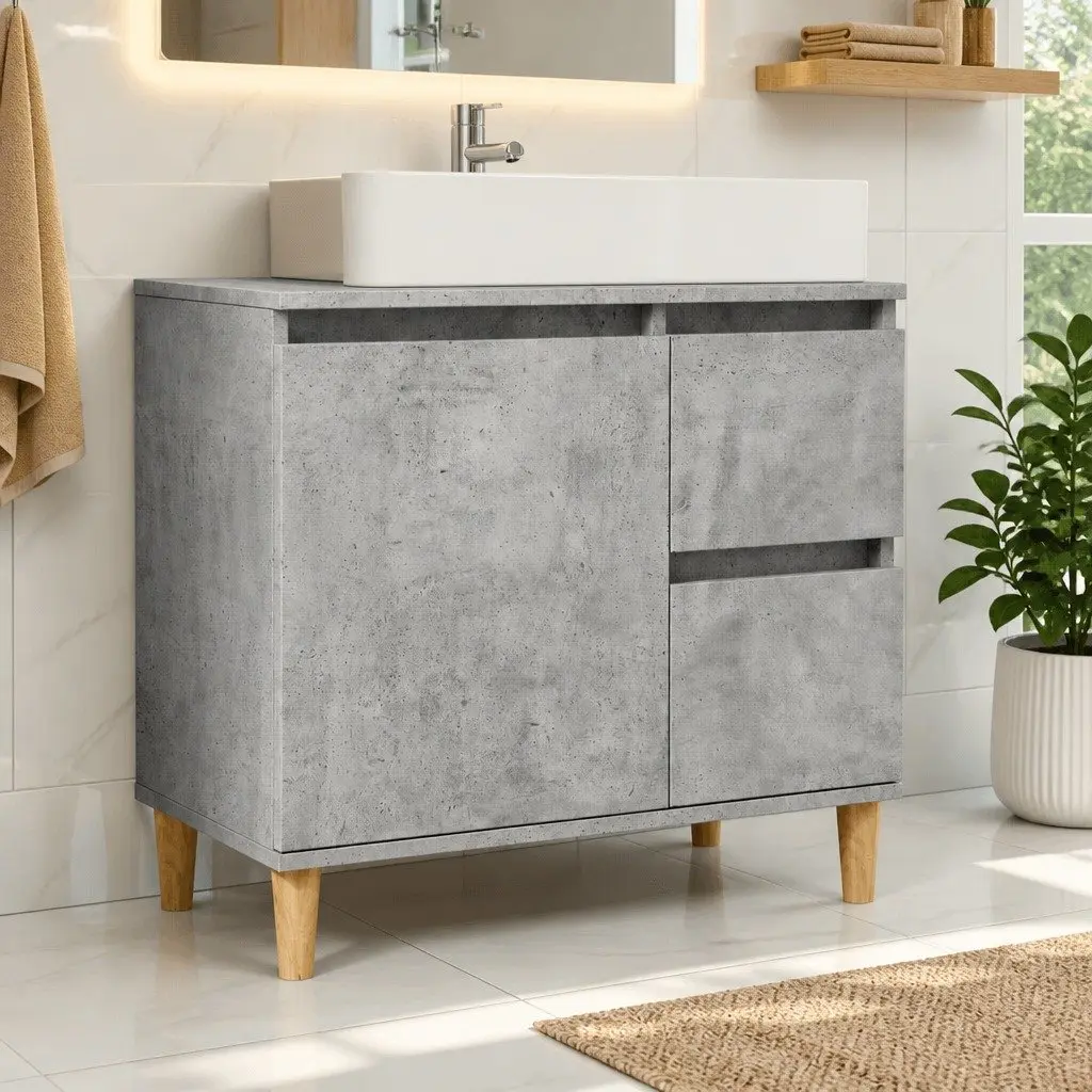 Bathroom Vanity Unit Sink Cabinet Grey 2 Drawer 1 Compartment Engineered Wood
