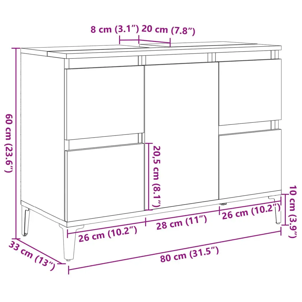 Bathroom Sink Cabinet Vanity Unit Storage 80x33x60cm Grey 4 Drawers