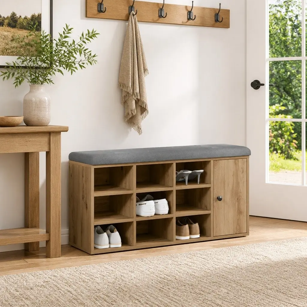 Storage Bench Hallway Entryway Shoe Organizer Padded Seat Engineered Wood Brown