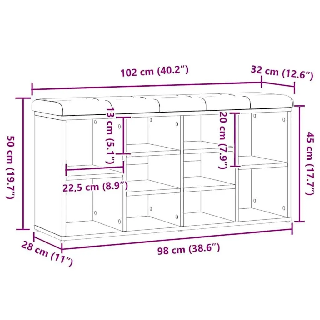 Shoe Bench Storage Entryway Hallway Brown Padded Seat Engineered Wood