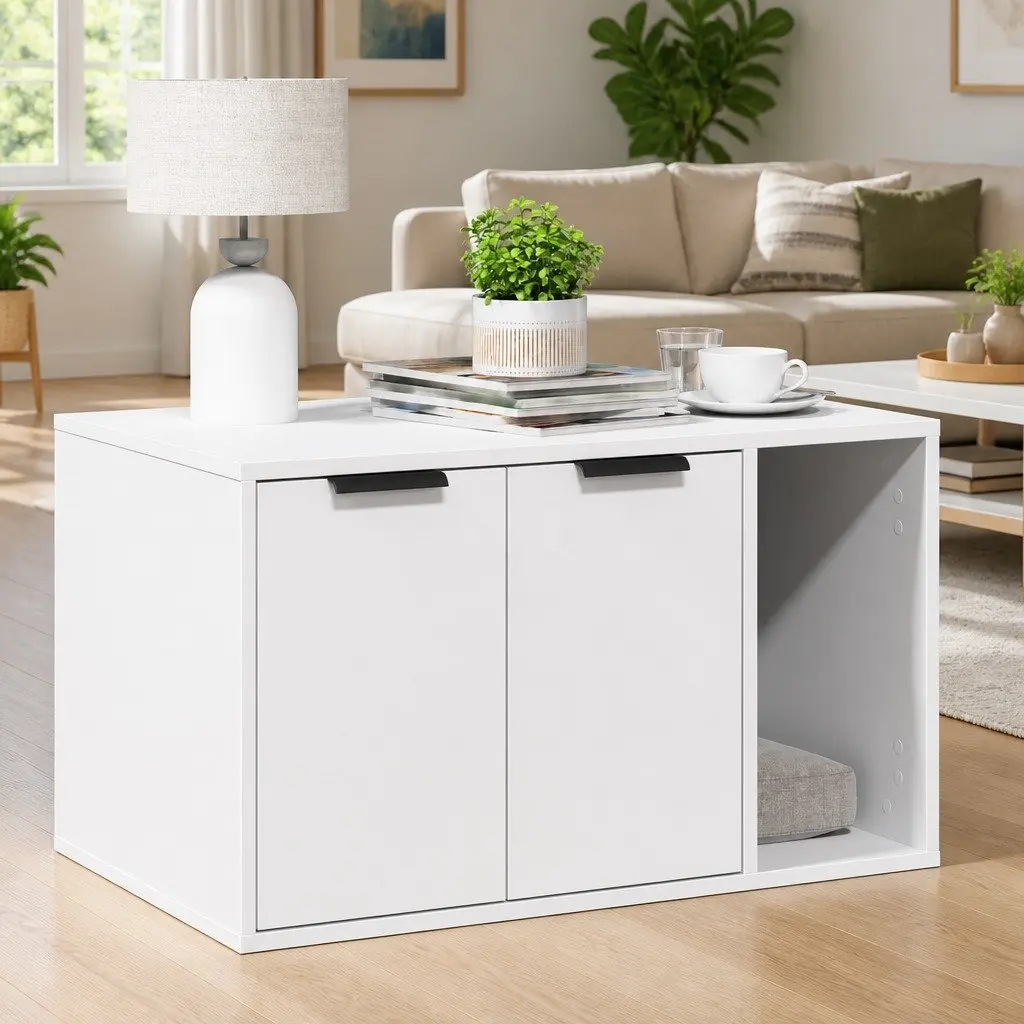 Cat Litter Box Enclosure Furniture Hidden Cabinet 80x50x45cm White