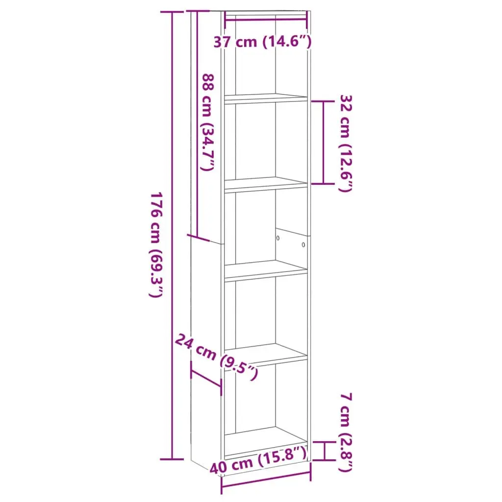 Bookcase Open Shelving Storage Unit 40W x 24D x 176H cm Brown Engineered Wood