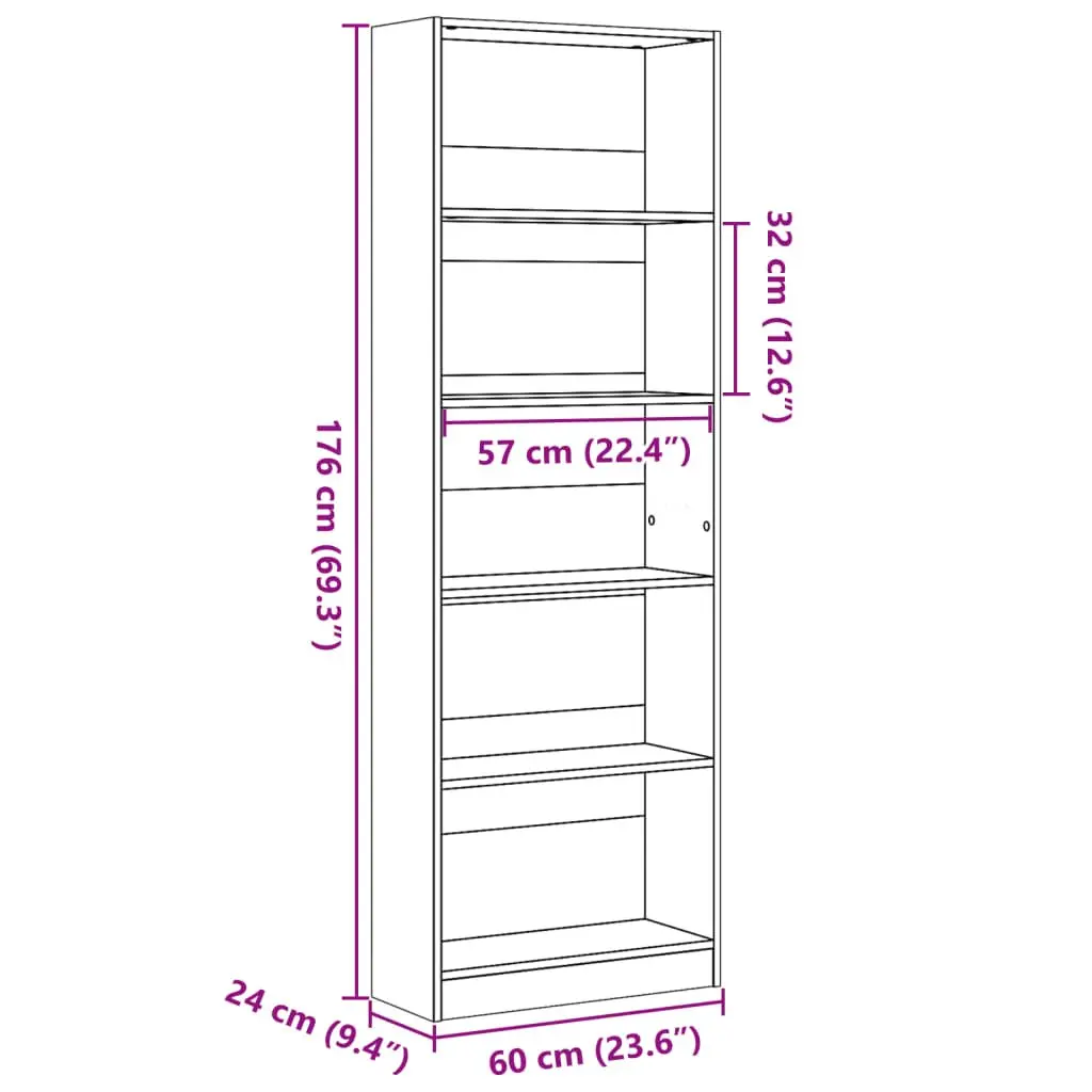 Bookcase Sonoma Oak 60x24x176 cm Engineered Wood Storage Shelving Unit Brown