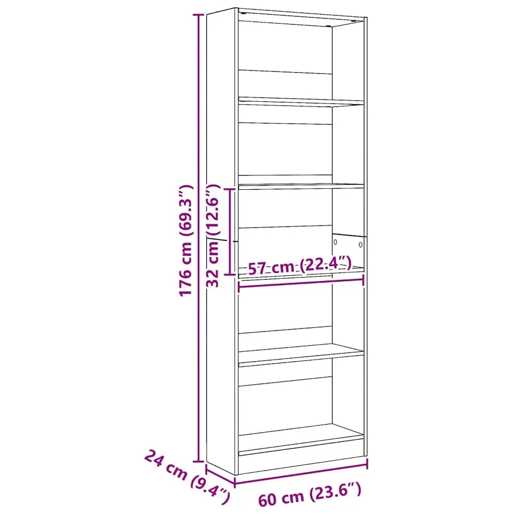 Bookcase Storage Shelving Unit Home Office Organizer 60W x 24D x 176H cm Brown Engineered Wood
