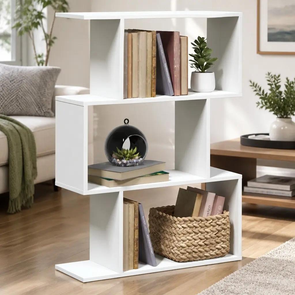 Room Divider Bookcase 3-Tier Storage Shelving Unit White Engineered Wood
