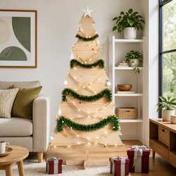 Wooden Christmas Tree Decoration 180cm Solid Pine Wood Natural Holiday Decor
