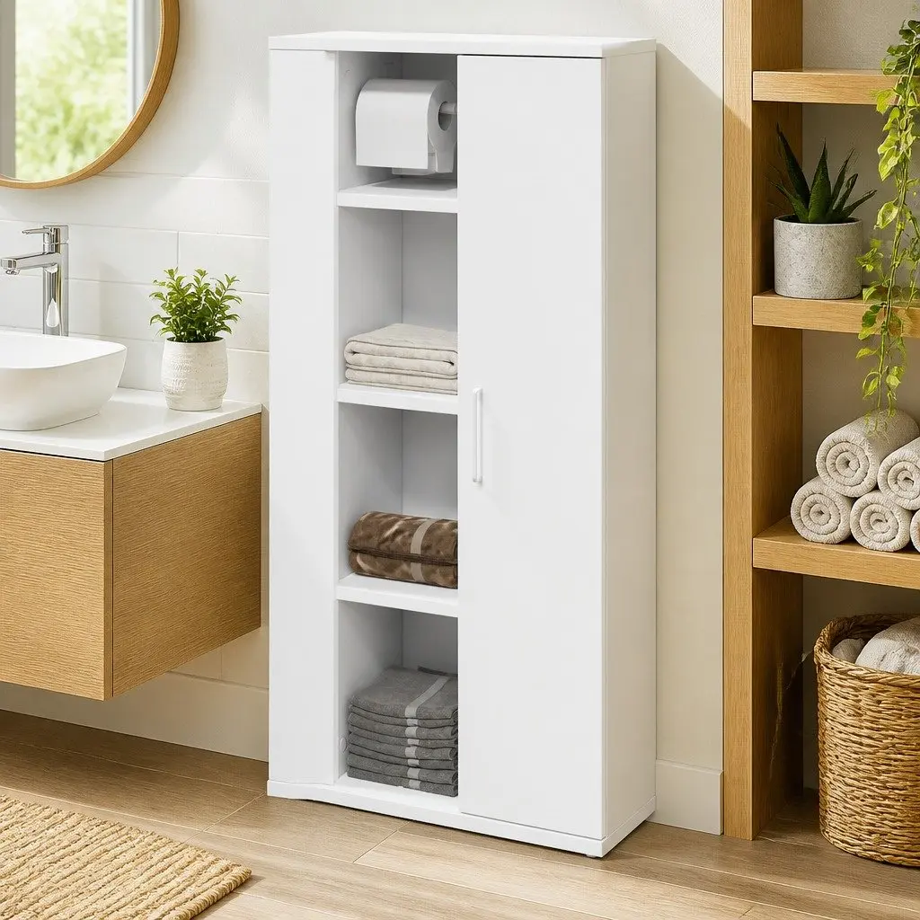 Bathroom Cabinet Storage Vanity Unit with Roll Holder 39x22x90cm White