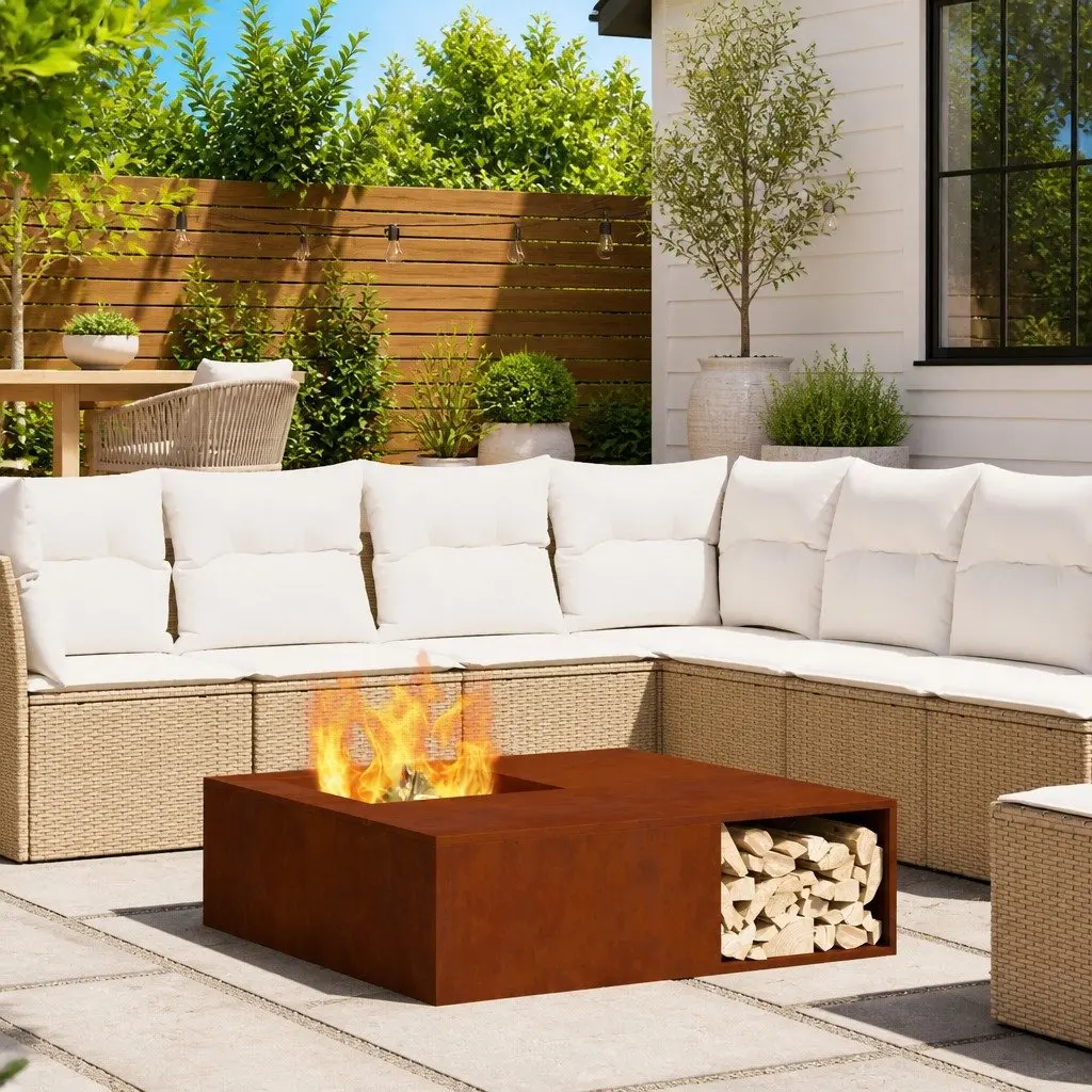 Square Outdoor Fire Pit Heating 100x100x30cm Brown