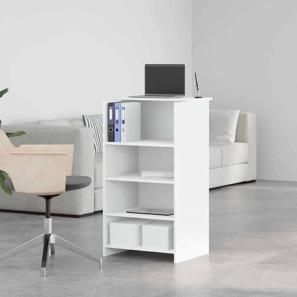 Reception Desk White Engineered Wood Office Counter Built-in Shelf Storage