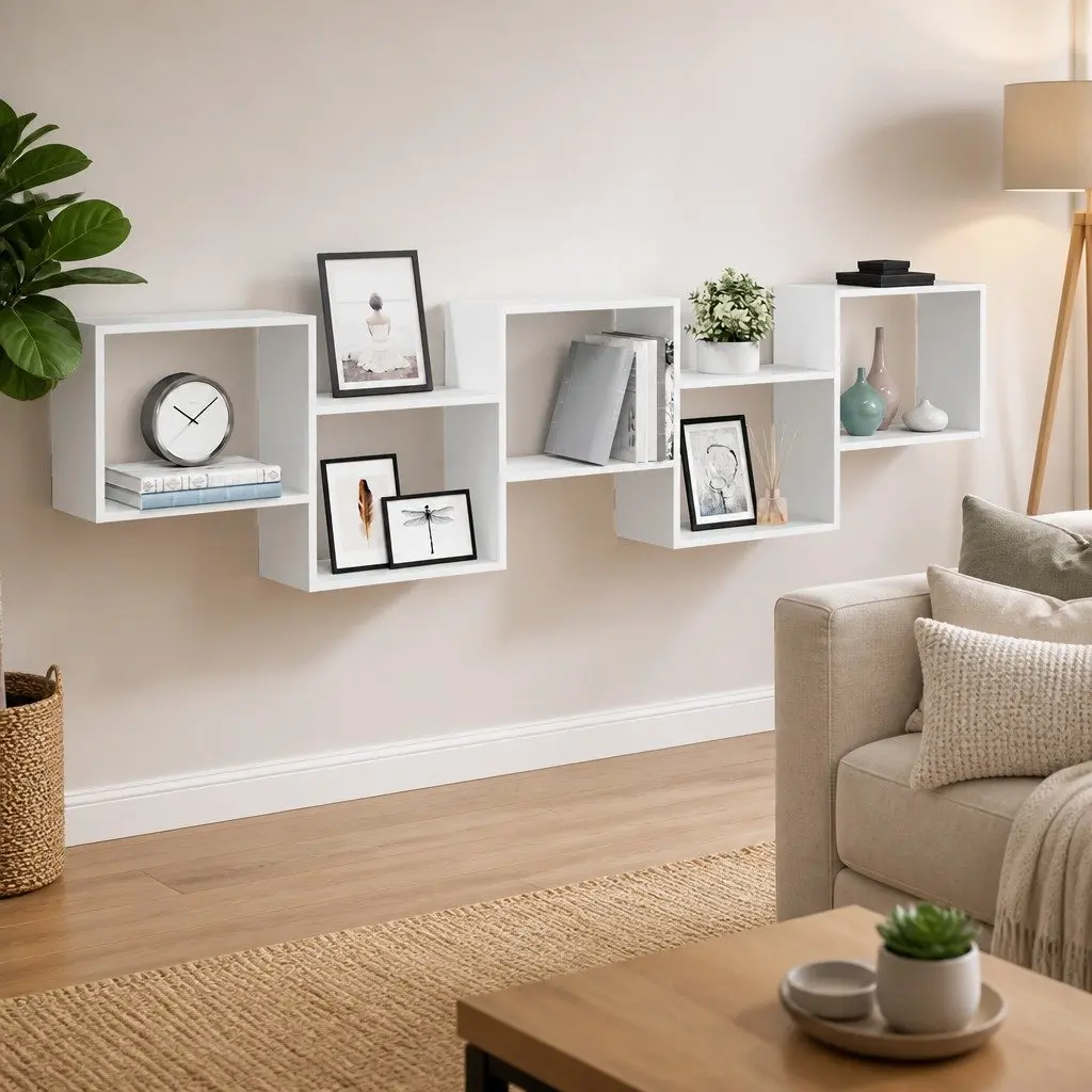 White Wall Cube Shelf with 5 Storage Compartments