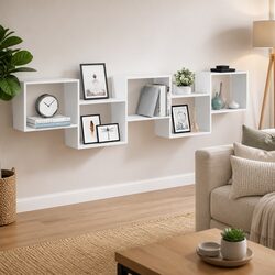 Practical White Wall Cube Shelf with 5 Storage Compartments