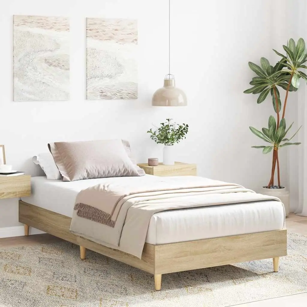 Bed Frame No Mattress 90x190 cm Sonoma Oak Engineered Wood Slatted Base
