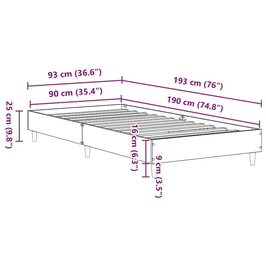 Bed Frame No Mattress 90x190 cm Sonoma Oak Engineered Wood Slatted Base