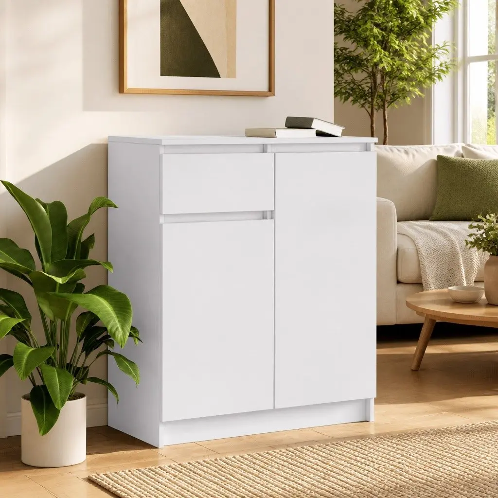 White Sideboard Storage with Drawers and Shelves