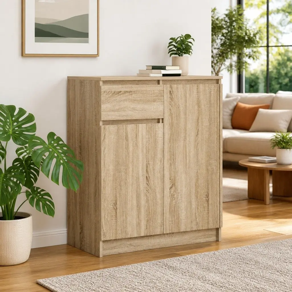 Sideboard Storage Cabinet with Drawer Brown Engineered Wood Living Room Buffet