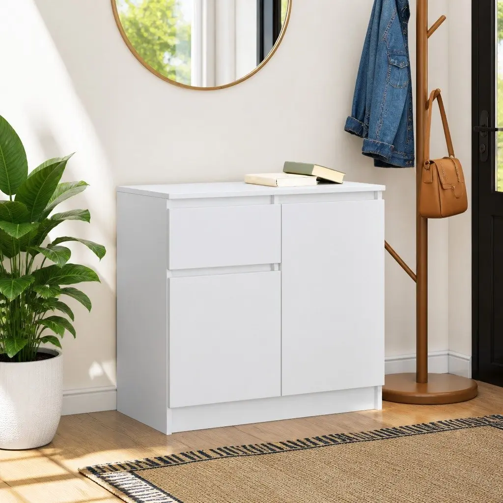 White Storage Cabinet with Drawer and Shelf