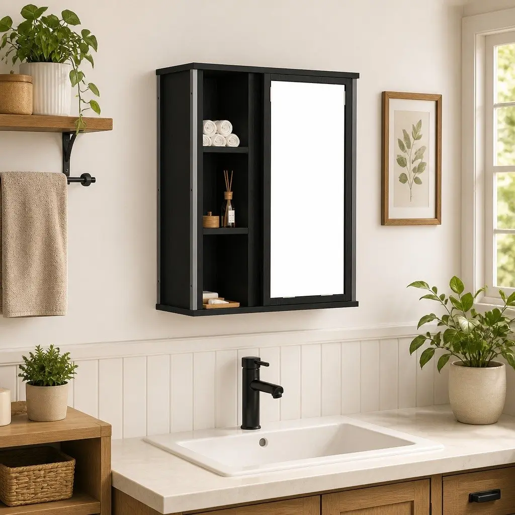 Bathroom Wall Cabinet Black Oak Storage Vanity Unit with Mirror 50W x 21D x 60H cm