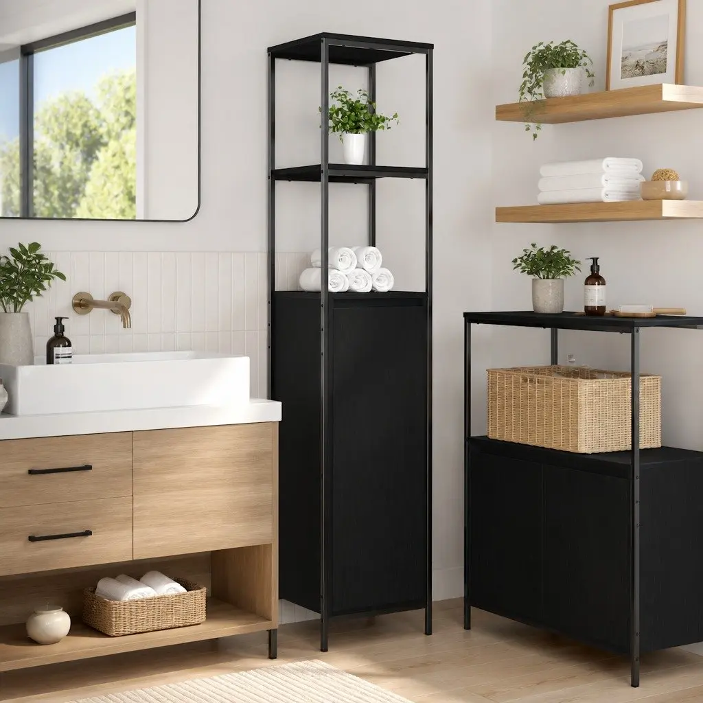 Bathroom Vanity Cabinet Black Oak Storage Organiser 36x35x165cm