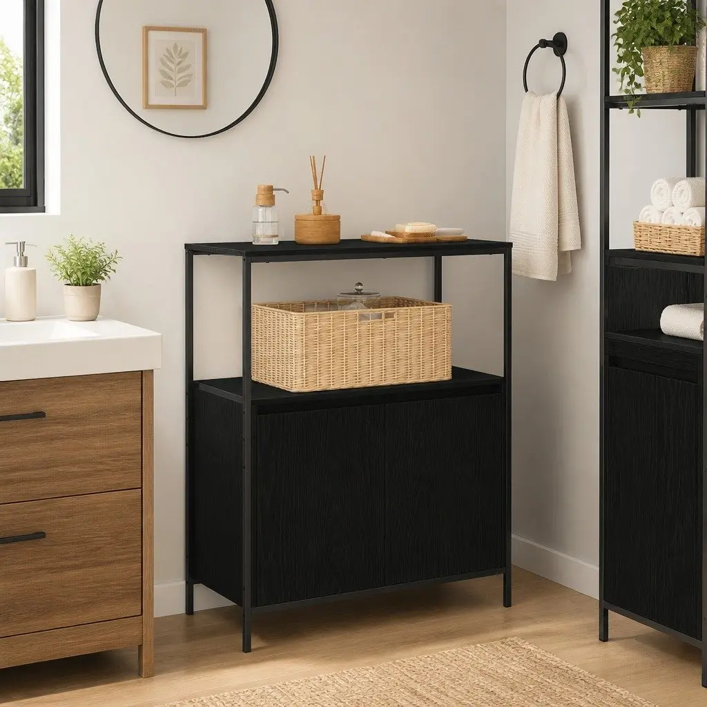 Bathroom Cabinet Storage Unit 76.5cm Black Oak with Shelves