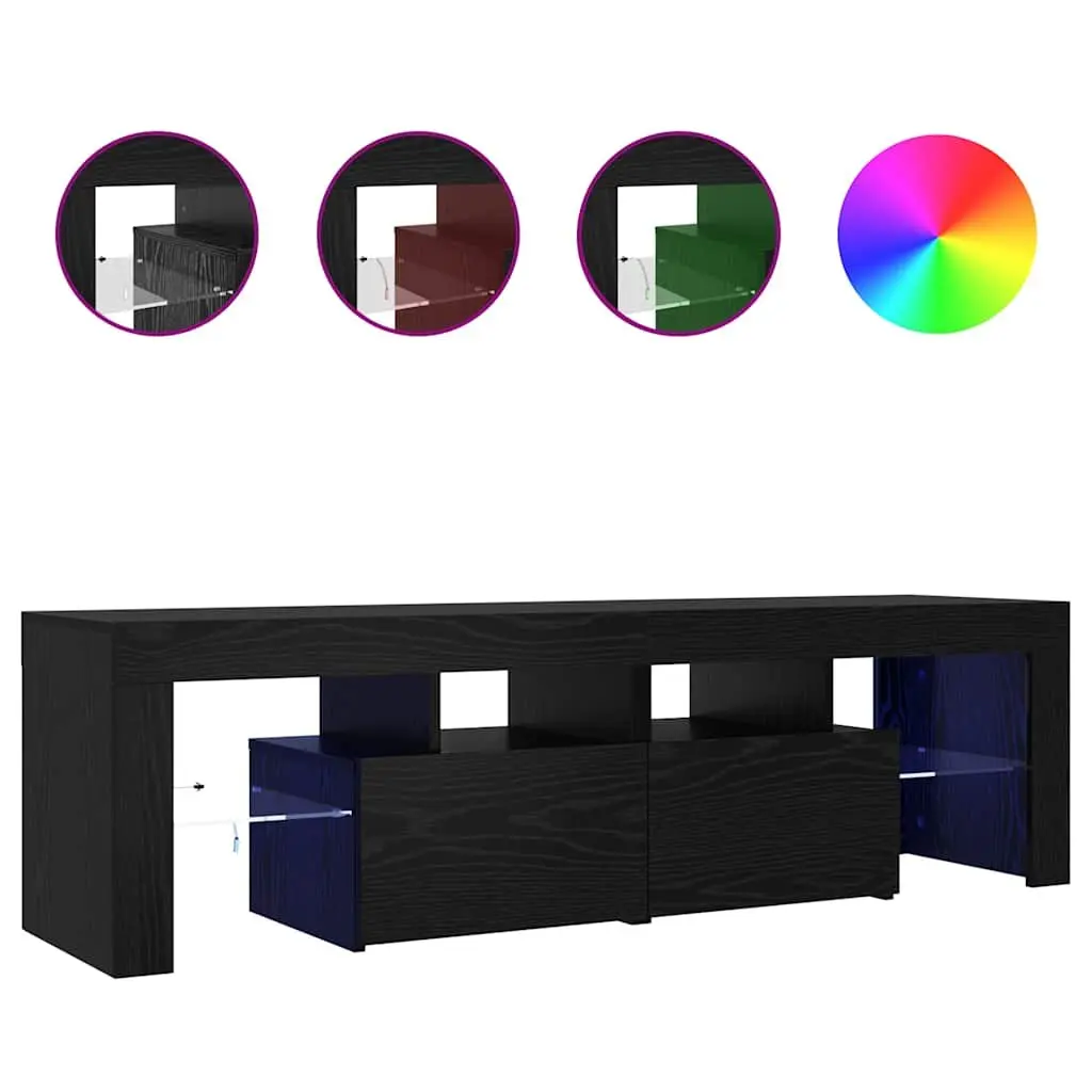 TV Cabinet with RGB LED Lights Black Oak Engineered Wood Storage Unit 140cm