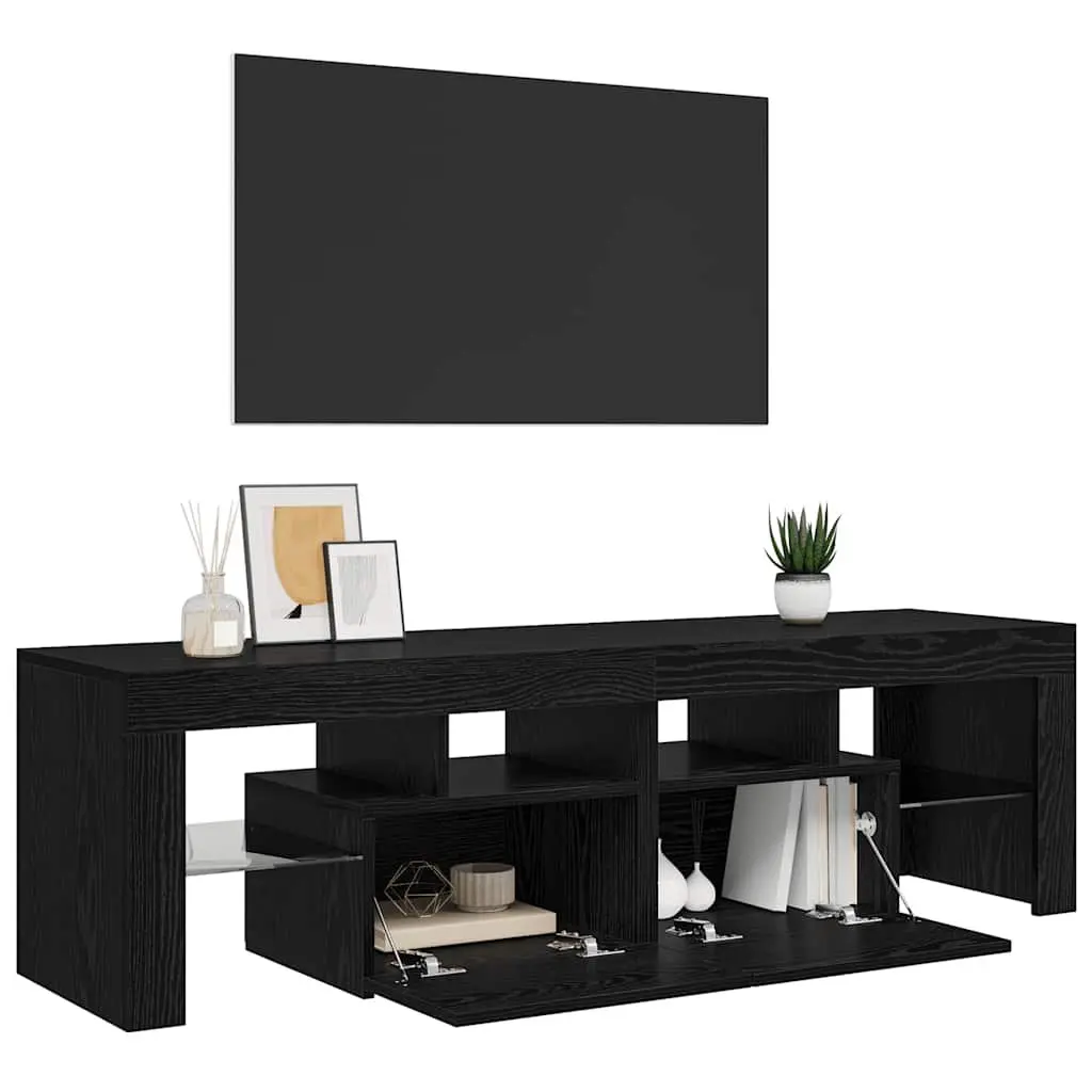 TV Cabinet with RGB LED Lights Black Oak Engineered Wood Storage Unit 140cm