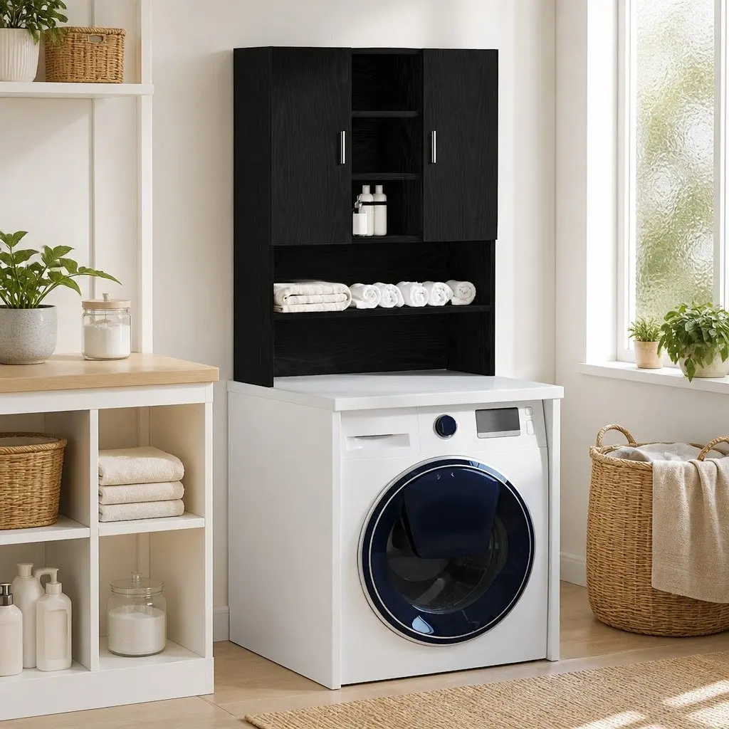 Black Oak Storage Cabinet for Laundry Areas