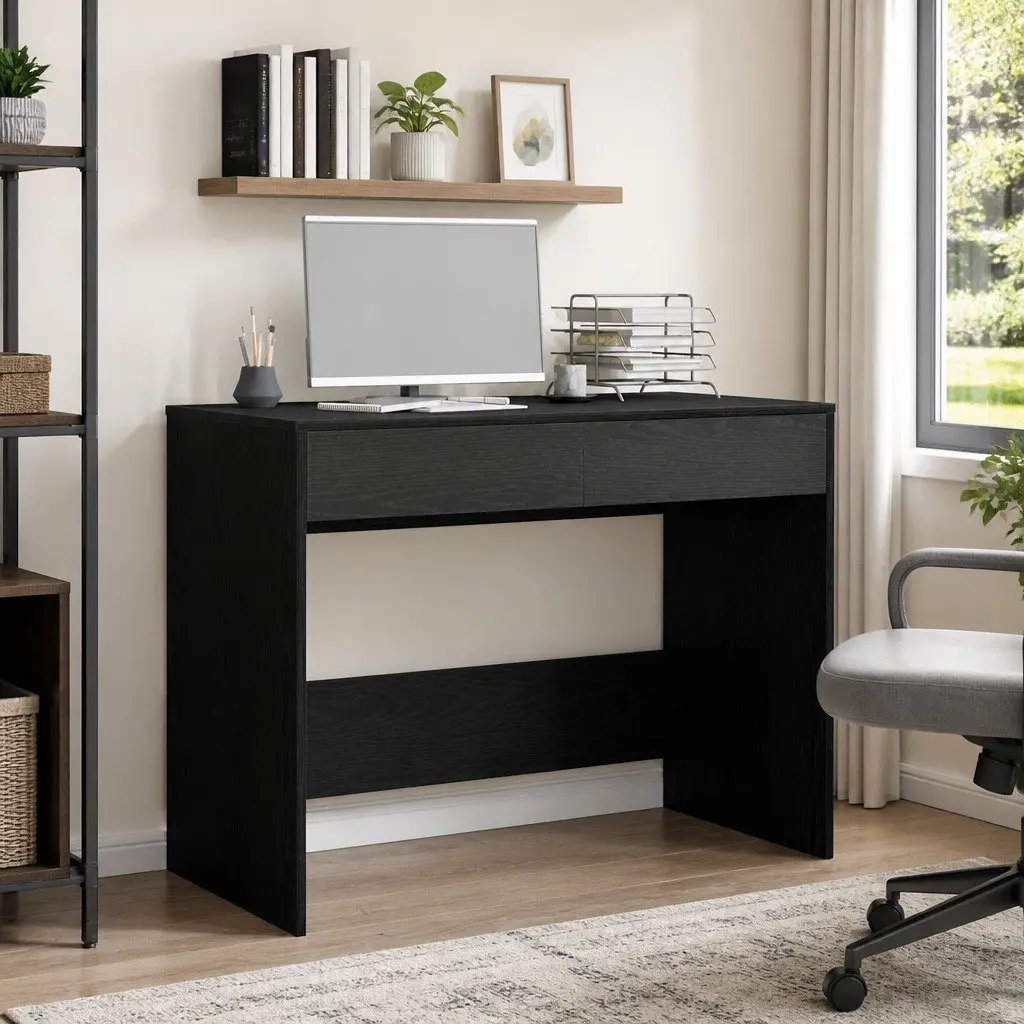 Black Oak Office Desk with 2 Drawers Storage Computer Workspace 101x50x76.5cm