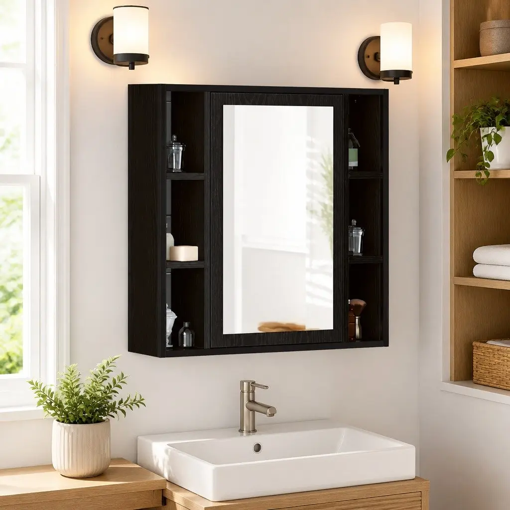 Bathroom Mirror Cabinet Wall-Mounted Storage Unit 60x16x60cm Black