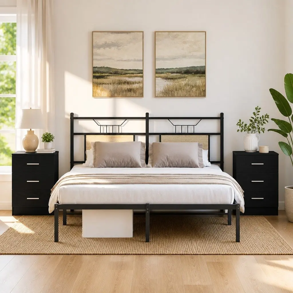 Black Engineered Wood Nightstands Set of 2