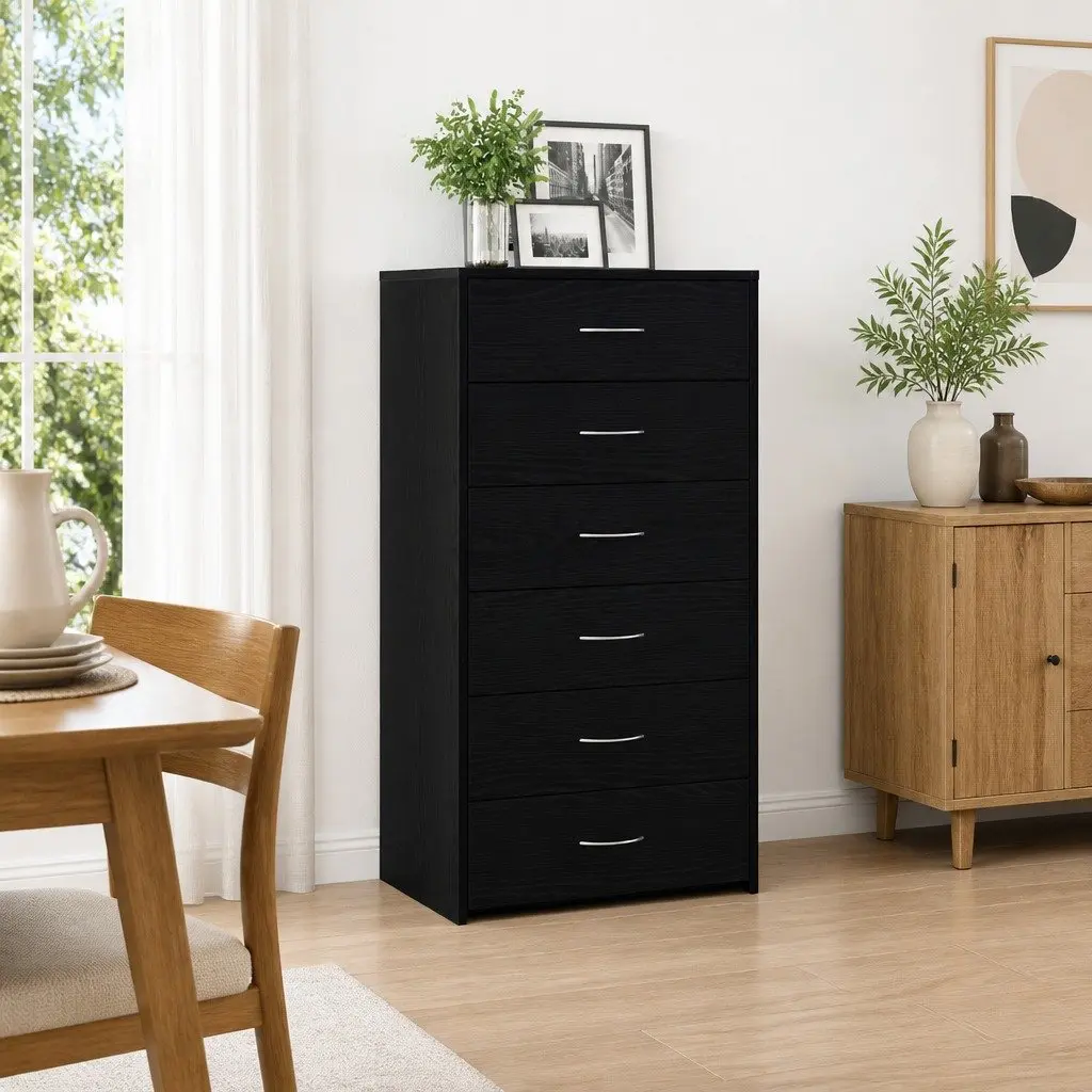 Sideboard Cabinet Storage 6 Drawers Black Oak Engineered Wood
