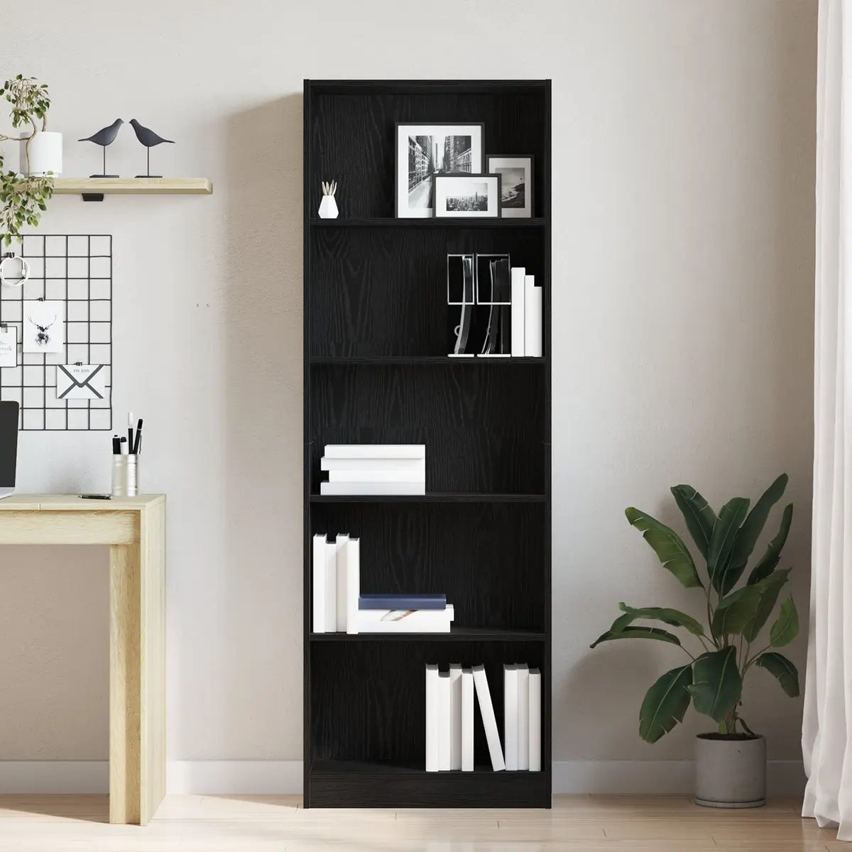 Bookshelf Freestanding Black Oak Modern Storage Unit Living Room Display Shelves