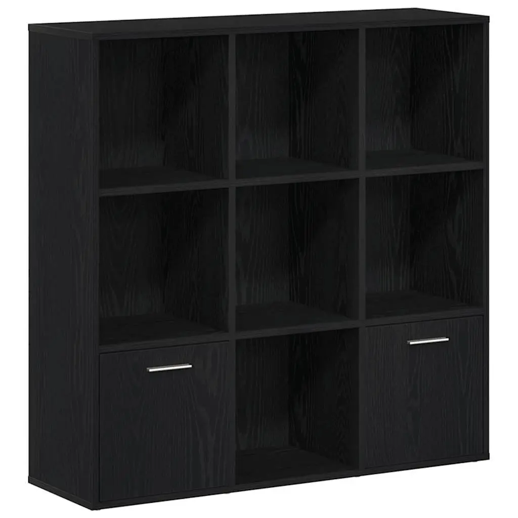 Book Cabinet Black Oak 7 Compartments 2 Doors Storage Shelving Engineered Wood