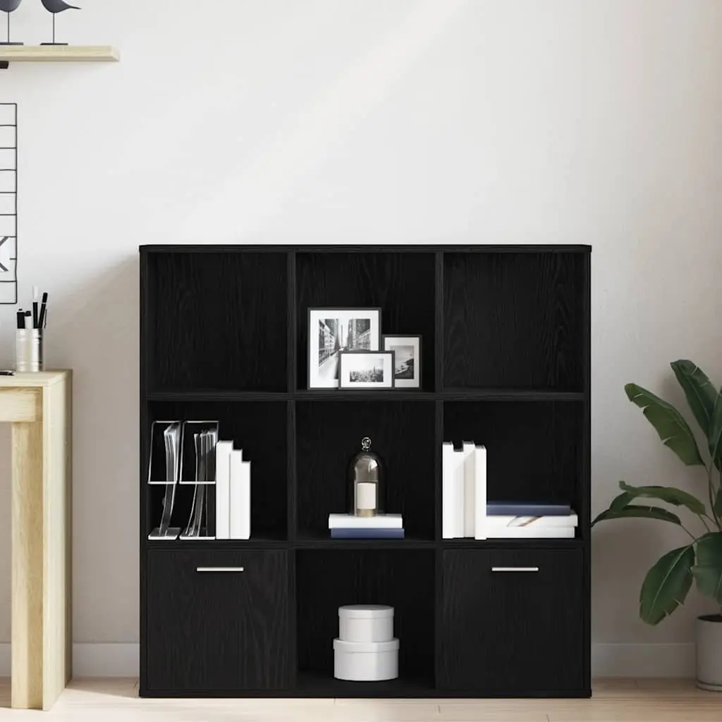 Book Cabinet Black Oak 7 Compartments 2 Doors Storage Shelving Engineered Wood