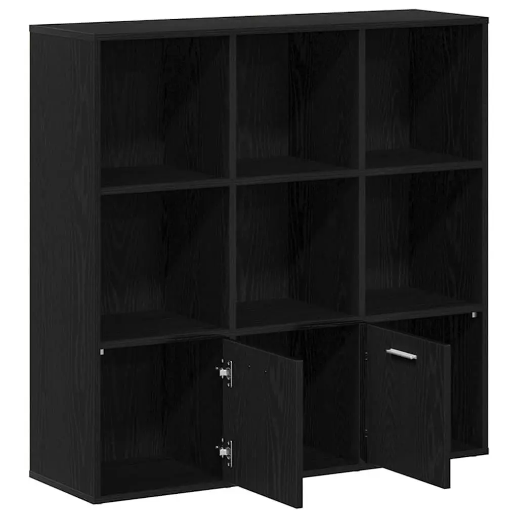 Book Cabinet Black Oak 7 Compartments 2 Doors Storage Shelving Engineered Wood