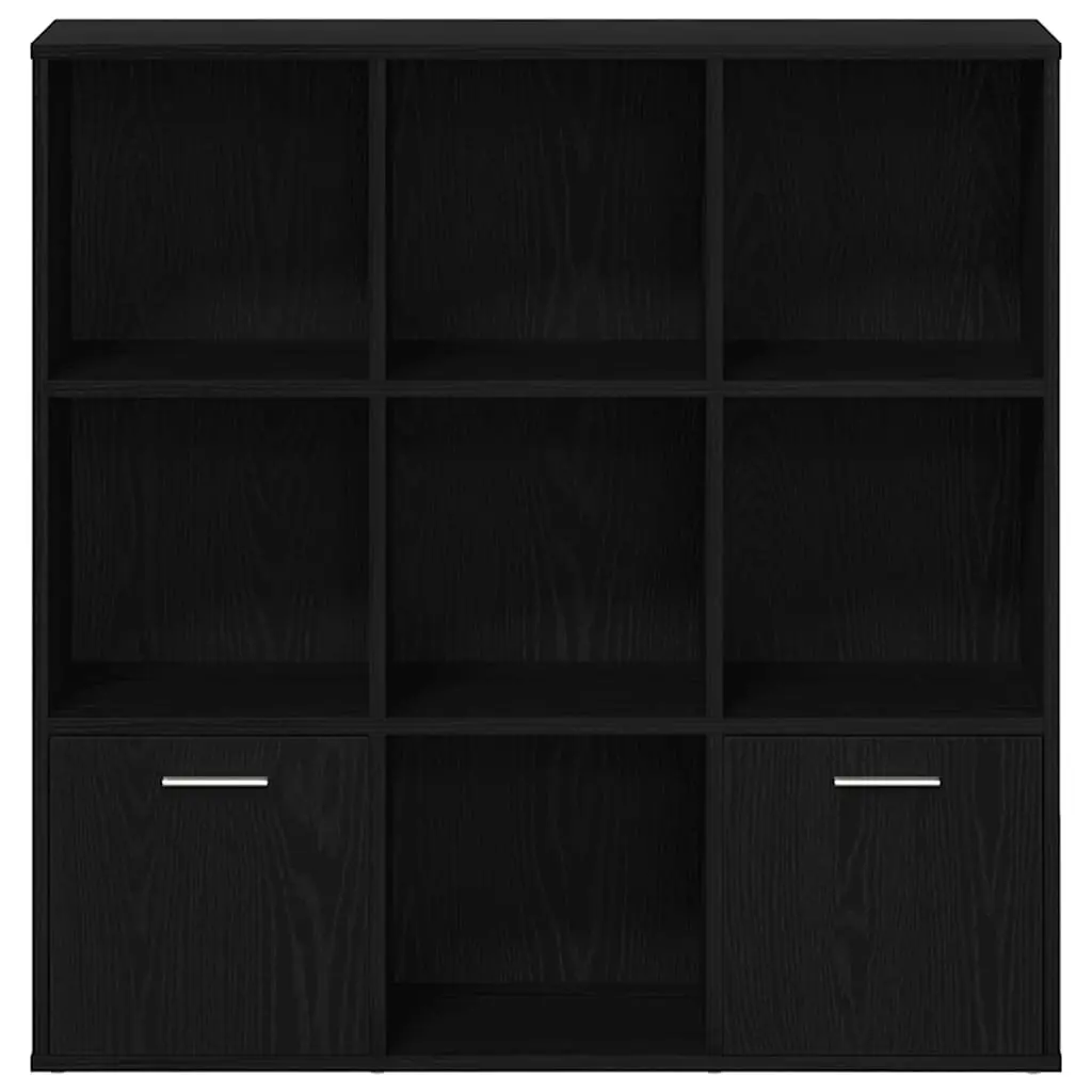 Book Cabinet Black Oak 7 Compartments 2 Doors Storage Shelving Engineered Wood