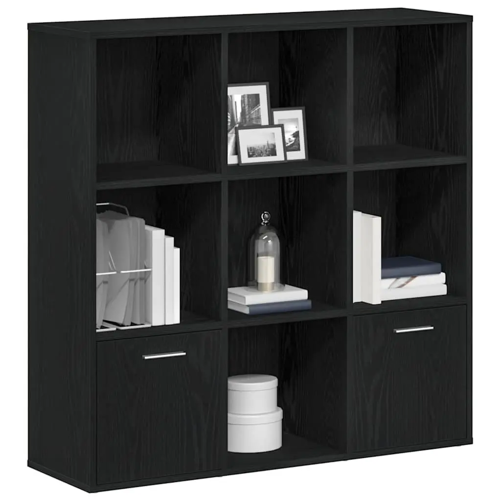 Book Cabinet Black Oak 7 Compartments 2 Doors Storage Shelving Engineered Wood